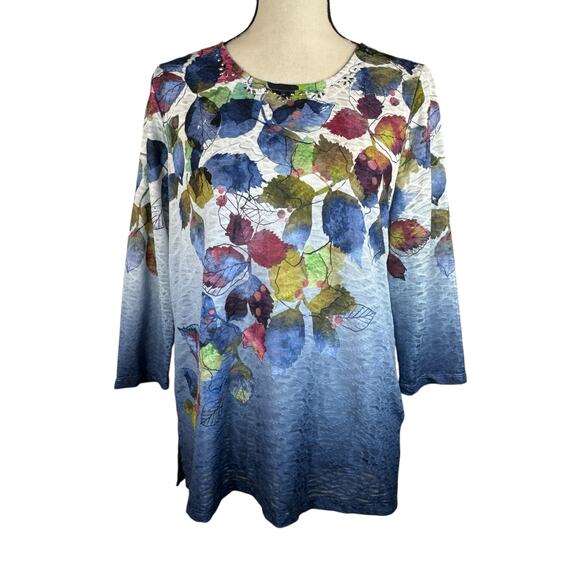 Alfred Dunner Tops - Alfred Dunner Small Top Leaf Print Stretch 3/4 Sleeve Lightweight Semi-Sheer